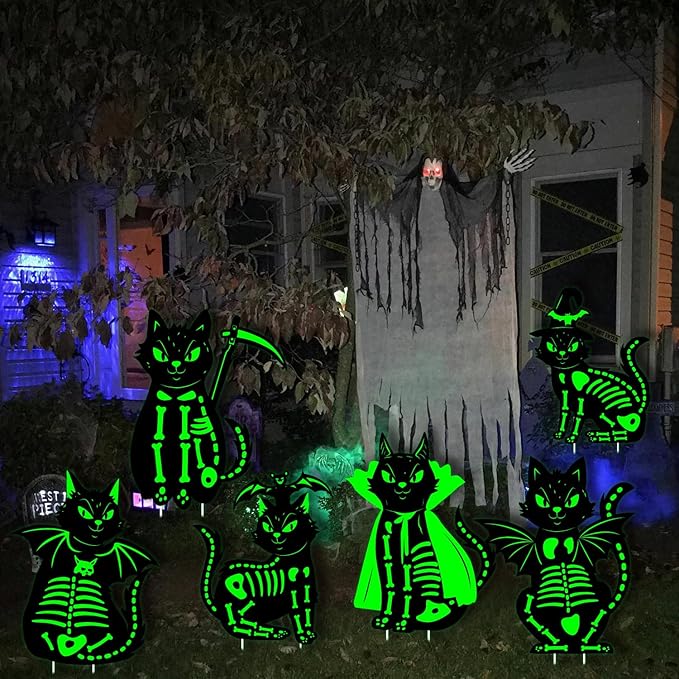 16.5”×12.6” Halloween Black Cat Yard Decorations Glowing in The Dark, 6Pcs Spooky Halloween Skeleton Cat Signs for Outdoor Porch, Garden, Graveyard and Party, Waterproof and Durable Yard Stake