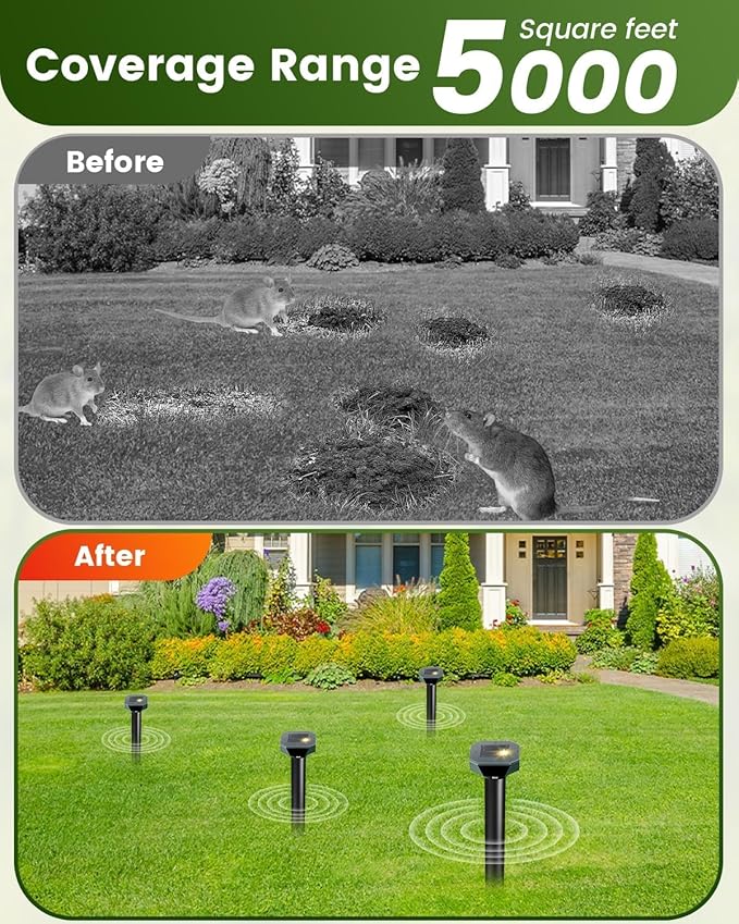Snake & Mole & Rabbit & Skunk Repellent Solar Powered, 2025 Upgraded Ultrasonic Deterrent, IP65 Waterproof, Gopher Groundhog Chipmunk Raccoon and Vole Repellent & Deterrent for Lawn & Garden, 4 Pack