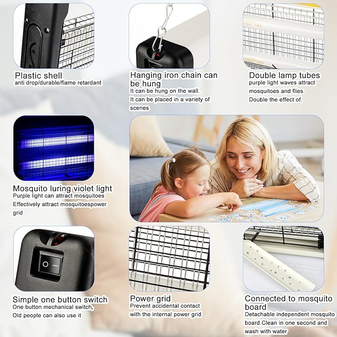 2 Pcs Electric Bug Zapper Indoor Insect Killer with Replacements Bulbs 20W Blue Light Powerful 2800V Attract Fly and Mosquito Traps with Circuit No Load Protection Outdoor Plug in Pest Control