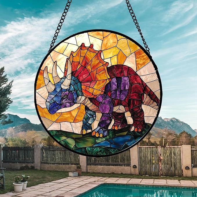Stained Glass Window Hanging - Triceratops Abstract Dinosaur Suncatcher for Door Terrace Garden Home Decor, Orange Red Sun Catcher Birthday Gifts for Lovers Women Men Dad Mom Nana 11.8 in