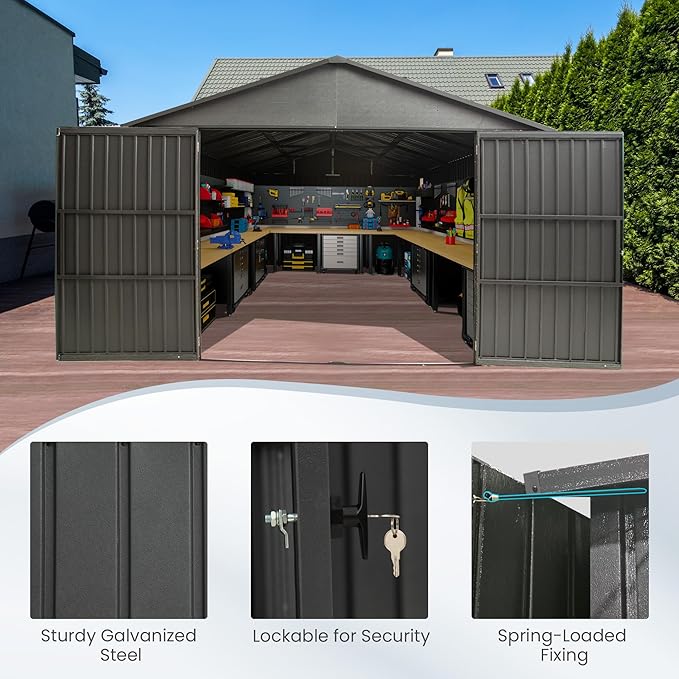 Domi 12'x15' Metal Garage Shed, Heavy Duty Outdoor Steel Carport with Lockable Double, Side Doors, 80MPH Wind and Snow Resistant Enclosed Storage for Cars, Trucks, Motorcycles, Tools, Dark Grey