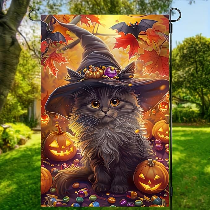 Halloween Cat Garden Flag Fall Garden Flags for Outside 12x18 Double Sided Autumn Harvest Pumpkin Yard Flags Fall Cute Kitten Garden Flag Fit Well With Any Outdoor