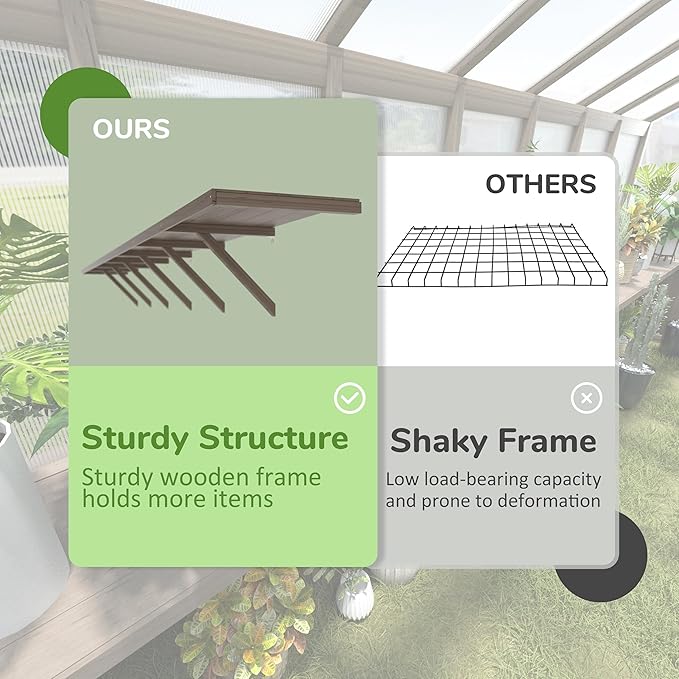 Shelf Suitable for 8x14FT Wood Greenhouse, 161" Wooden Storage Shelf Kit Fit Multiple Greenhouse, Horticulture Workstation, Work Bench System Shelving, Light Mocha Brown, 2 Pack