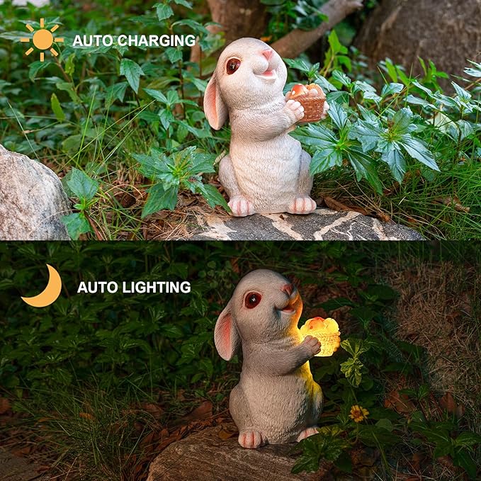 Solar Rabbit Garden Statues Outdoor Bunny Decor Resin Bunny Figurine Holding Mushroom with LED Lights for Porch Patio Lawn Yard Housewarming Gardening Gifts for Mom Grandma
