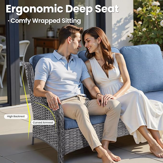 ovios 7 Pieces Patio Furniture Set, Outdoor Wicker Sofa Couch with Swivel Chairs 54" Fire Pit Table, All Weather High Back Modern Conversation Sets, Grey Rattan, Denim Blue