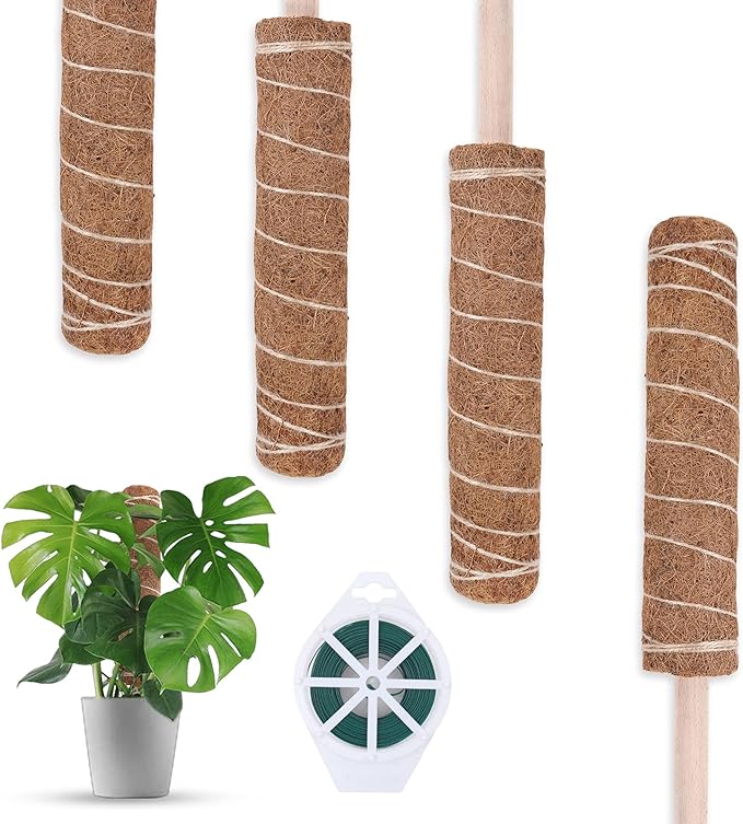 Decoroca 48.81 Inches Coir Totem Pole - 4 Pcs 16 Inchs Moss Pole Plant Stick with 100 FT Garden Twist Ties, for Monstera Plant Creepers Plant Support Extension, Climbing Indoor Plants