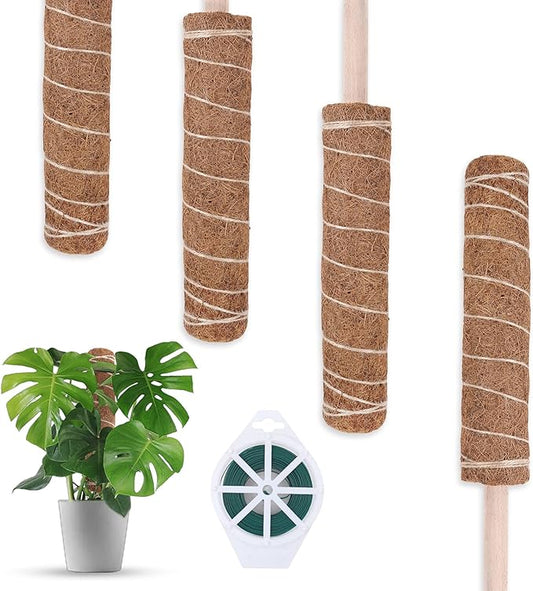 Decoroca 48.81 Inches Coir Totem Pole - 4 Pcs 16 Inchs Moss Pole Plant Stick with 100 FT Garden Twist Ties, for Monstera Plant Creepers Plant Support Extension, Climbing Indoor Plants