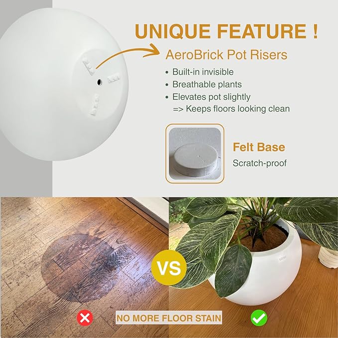 6.9" H x 19.7" D Round Bowl Fiberstone Planter for Succulent and Lotus, Drainage Hole, Weather Resistant for Indoor and Outdoor Use, Included 2 Extra Coco Mats (White, 17.9" Pot Opening)