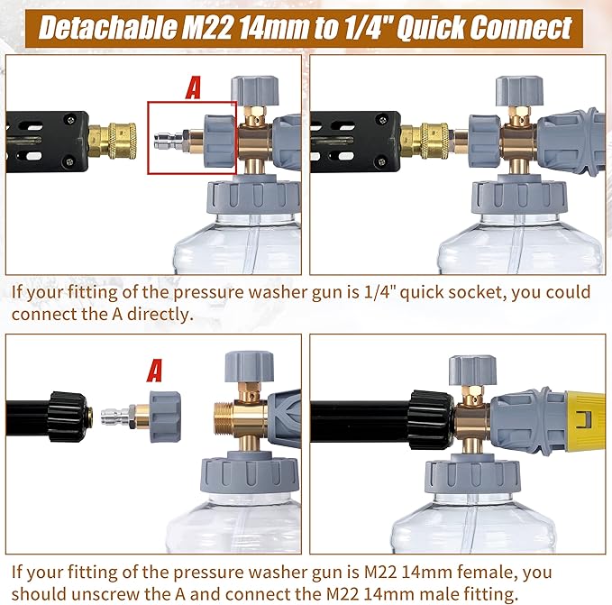 Tool Daily Foam Cannon, Adjustable Foam Blaster, Snow Foam Lance with M22 and 1/4 Inch Quick Connect, Additional Orifice Nozzle 1.1mm, 1.5 Liter