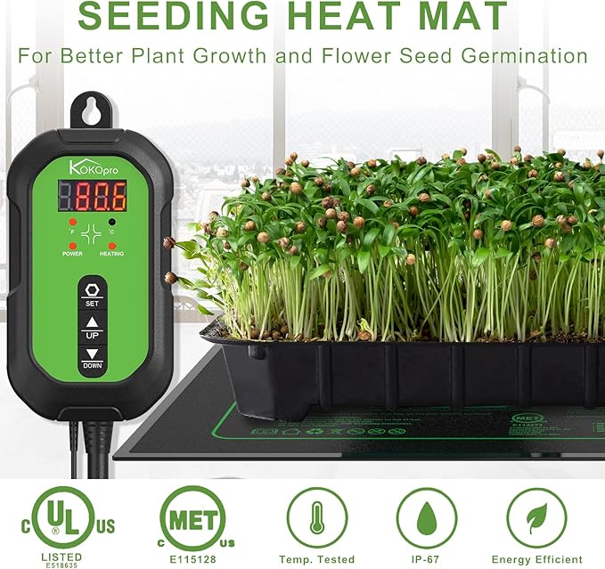 10"x 20" Seedling Heat Mat and Digital Thermostat Combo Set - KOKOPRO Warm Hydroponic Heating Pad for Seed Germination Indoor Gardening Greenhouse for Reptiles Seedlings Incubation Fermentation