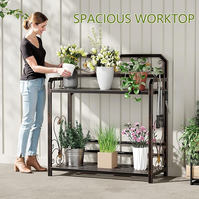 Potting Bench, Outdoor Potting Table with 4 Side Hooks, All-Weather Gardening Table Work Station, Outside Garden Workbench, 505lbs Capacity, 18" D x 39" W x 44" H, Distressed Vintage Black