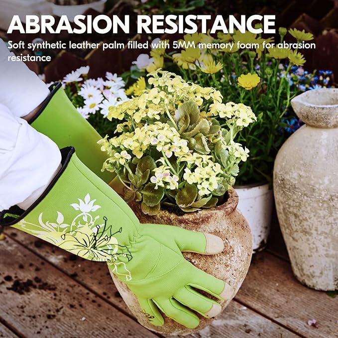 Vgo 1-Pair Ladies' Synthetic Leather Gardening Gloves, Long Sleeves Gauntlet, Breathable & Grip Work Gloves, High Dexterity, Washable (Size M, Green, SL7445)