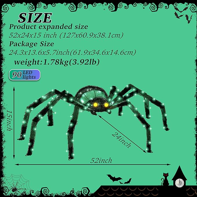 4.2Ft Giant Spider Halloween Decorations Outdoor 52" Light Up Spider with 90 LED Lights for Front Yard, Porch, Garden, Lawn, Halloween Party (Green)