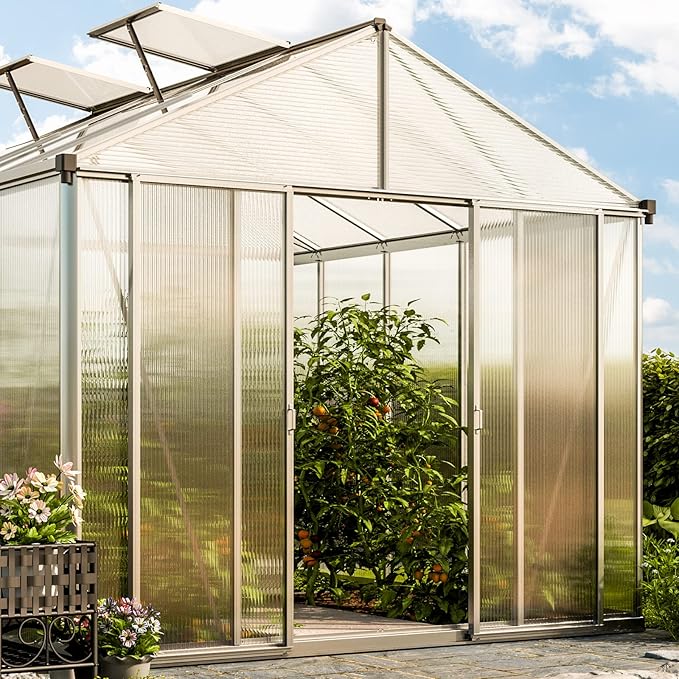 Greenhouse Rubin 5 Aluminum Frame 8.6 x 10.5 ft with Approx. 10 mm Polycarbonate Panels - with 2 Extra Skylights and 4 Automatic Window Openers