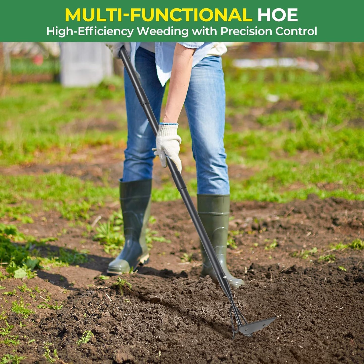 Garden Hoe 44 Inch Long Cultivator with Adjustable Long Handle - Heavy Duty Weeding & Soil Loosening Tool for Gardening, Lawn, and Yard Work