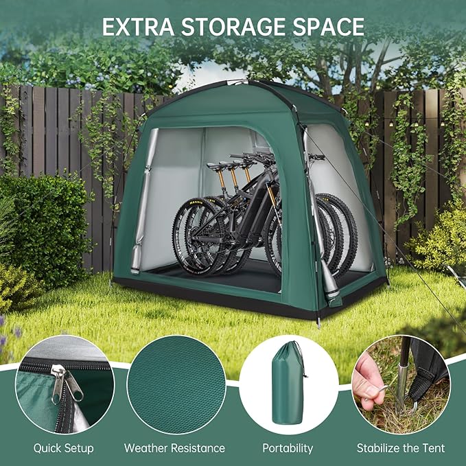 Travel Bike Storage Shed Tent - 210D Outdoor Portable Bicycle Storage Shed 8" L x 7.98" W x 10" H - Waterproof, UV Resistant, Portable Bike Shelter for Outdoor Protection (Green)