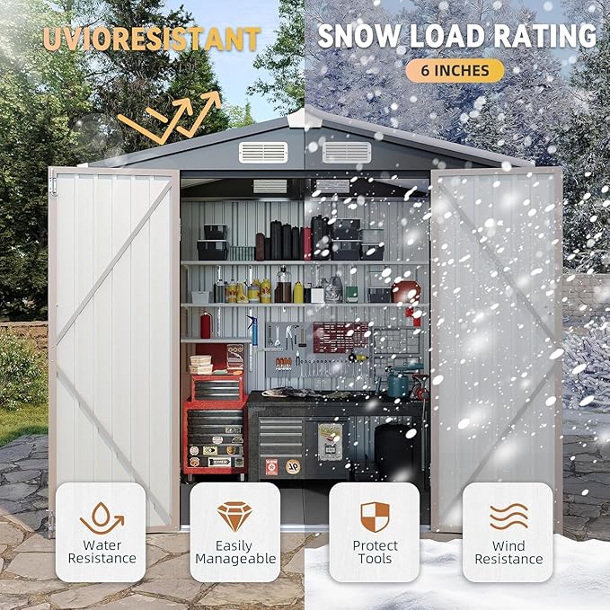 Aoxun 8' x 6' Storage Shed with Base Outdoor Steel Garden Utility Cabinet with Lockable Door Waterproof & Rust-Proof for Yard, Patio, Backyard (Brown, Base Included)