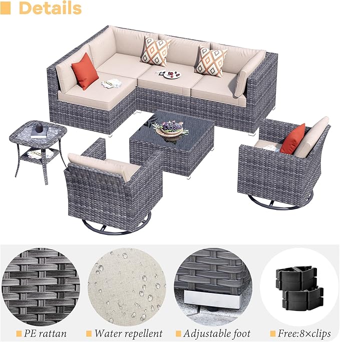 HOOOWOOO 8 Piece Patio Sectional Furniture Set with Swivel Rocking Chairs,Modern Wicker Outdoor Conversation Sofa Sets,Weather Resistant Modular L Shaped Outside Couch Set(Beige)
