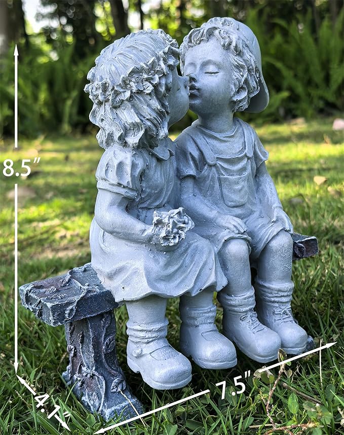 First Kiss Garden Outdoor Statue Decorative, Flower Bed Decor Puppy Love Kissing Couple, Boy and Girl Kissing Garden Figurine for Yard Patio Art