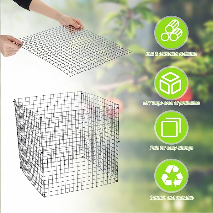 Zubebe 8 Pack Small Wire Plant Protectors Square Plant Protectors from Animals Mesh Cage Chicken Wire Cloche for Shrubs and Vegetables with Ground Stakes and Nylon Ties (12 x 12 Inch)