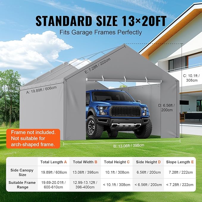 VEVOR Carport Replacement Canopy Cover Side Wall 13 x 20 ft, Garage Tent Shelter Tarp Heavy-Duty Waterproof & UV Protected, Easy Installation with Ball Bungees,Grey (Top and Frame Not Included)