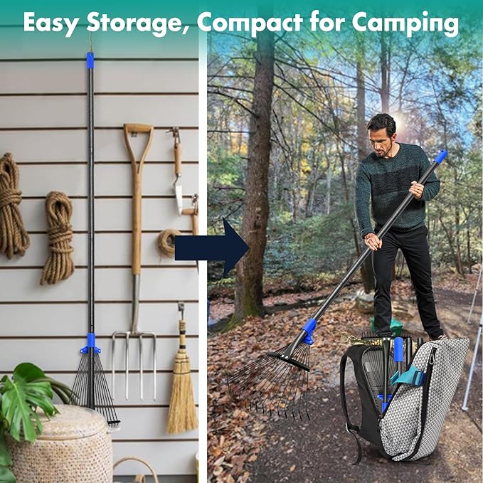 Rake, Leaf Rake with Expandable Head,18 Teeth, Adjustable 53 Inch Long Handle, 17 Inch Wide, Heavy Duty Collapsible Yard Rakes for Lawn Flowers Beds Gardening