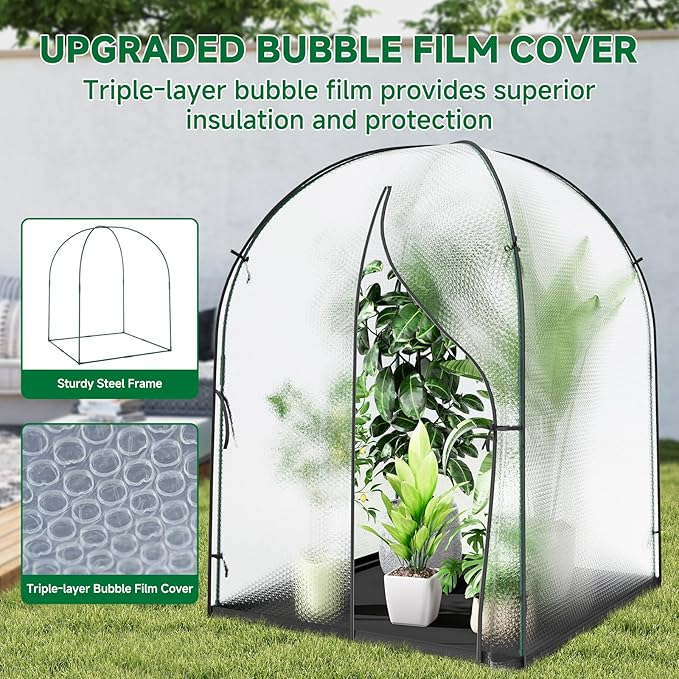 Portable Greenhouse for Outdoors, Green House Tent with Durable Bubble Film Cover and Zippered Door,Walk-in Mini Green House with Removable Mat for Indoor Outside Protecting Plant,59x59x75 Inch