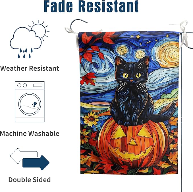 Stained Glass Black Cat Fall Garden Flag Halloween Pumpkin Yard Signs Autumn Sunflower Blue Sky Thanksgiving Banner for Outside 12x18 Double Sided Small Outdoor Decorative