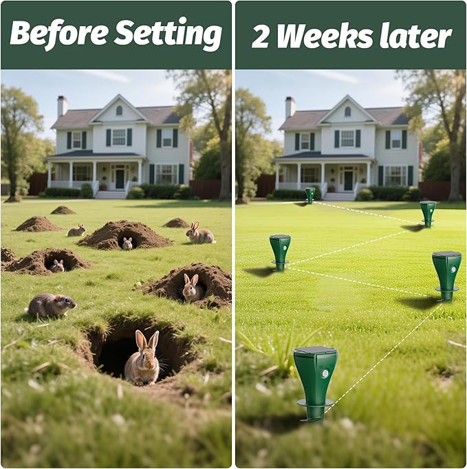 Mole Repeller for Lawns，Solar Powered Vole Repellent Ultrasonic Pest Control Stake, Waterproof Sonic Pulse Deterrent for Gopher Vole Snake in Lawn, Garden & Yard