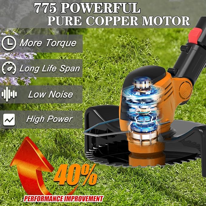 Electric Weed Wacker Cordless Eater Battery Powered Eater Lightweight Edger Portable Stringless Grass Trimmer/Lawn Mower/Brush Cutter, with 3 Types Blades & Wheels for Yard and Garden-Orange