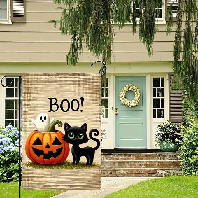 Halloween Garden Flag Ghost Black Cat Gander Flag 12x18 Inch Double Sided Halloween Yard Flag Holiday Yard Outdoor Decoration