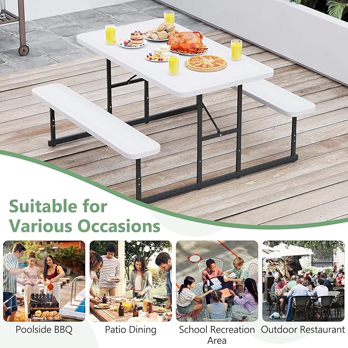 Tangkula Picnic Table, HDPE Outdoor Rectangular Table Bench Set with 2 Built-in Benches, Umbrella Hole, Metal Frame for 4 Person, Garden Yard Patio Lawn