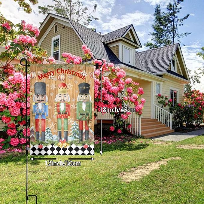 Merry Christmas Nutcracker Buffalo Plaid Check Garden Flag Welcome Party Outdoor Outside Decorations Picks Home House Garden Yard Decor 12x18 Inch