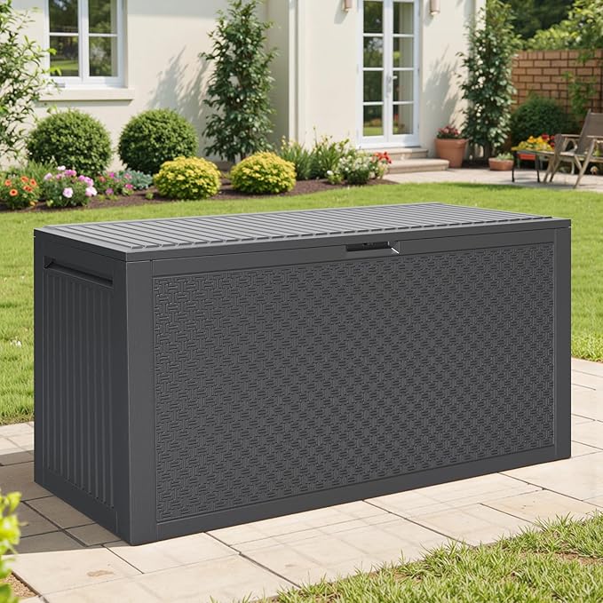 90 Gallon Outdoor Deck Box, Waterproof Outdoor Deck Box, Durable Resin Bin for Patio Cushions, Garden Tools and Pool Accessories, Lockable with UV Protection, Dark Gray, Patio Furniture (90 Gal Gray)