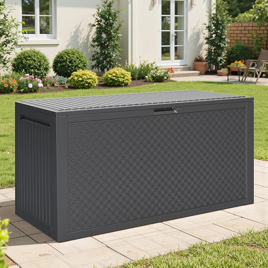 90 Gallon Outdoor Deck Box, Waterproof Outdoor Deck Box, Durable Resin Bin for Patio Cushions, Garden Tools and Pool Accessories, Lockable with UV Protection, Dark Gray, Patio Furniture (90 Gal Gray)