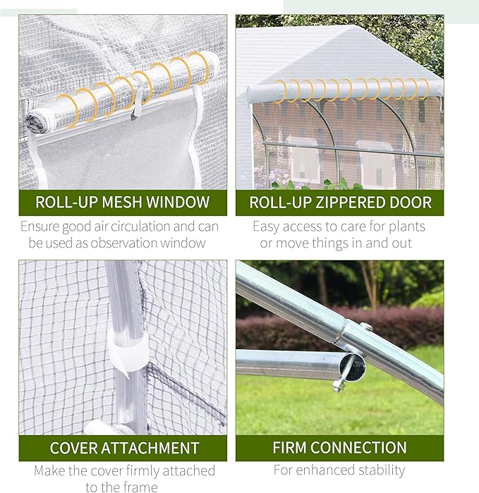 Outsunny 11.5' x 10' x 6.5' Outdoor Walk-in Greenhouse, Tunnel Green House with Roll-up Windows, Zippered Door, PE Cover, Heavy Duty Steel Frame, White