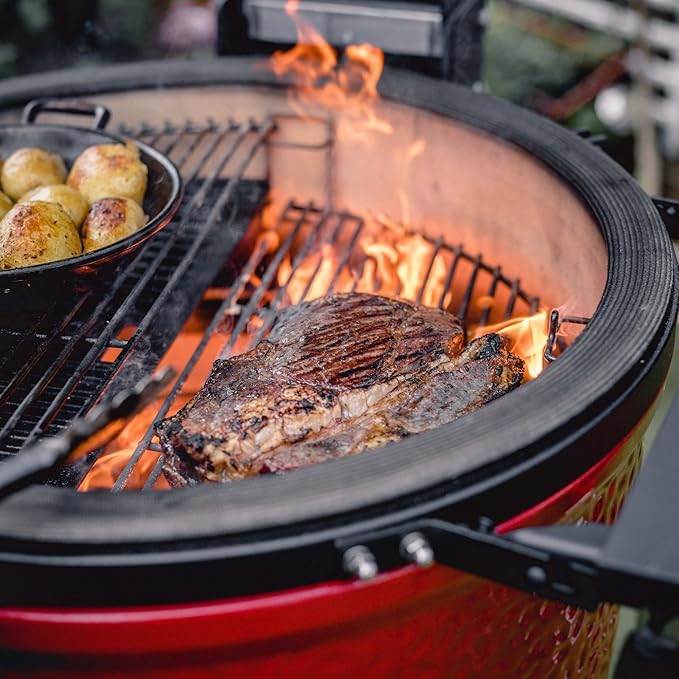 Kamado Joe Classic Joe Series II 18-inch Ceramic Charcoal Grill and Smoker with Cart, Side Shelves, Stainless Steel Grates and 250 Cooking Square Inches in Red, Model KJ-23RHC