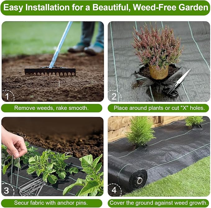 Weed Barrier Landscape Fabric 6 x 50 FT, Ground Cover Fabric Block, Gardening Fabric Mat, Black Heavy Duty Garden Cloth Felt with 20 U-Shaped Pegs for Flower Bed, Patio, Orchard,3.2oz/sq.yd