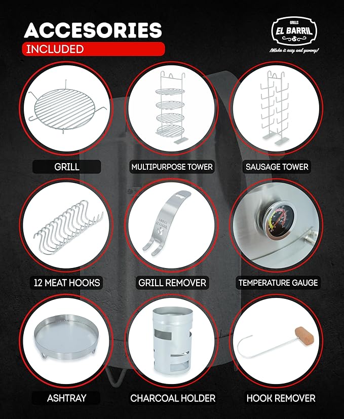 EL BARRIL 30lbs Grill & Smoker Barrel, Stainless Steel Charcoal Smoker Grill – Portable Outdoor Smokers with Grilling Accessories