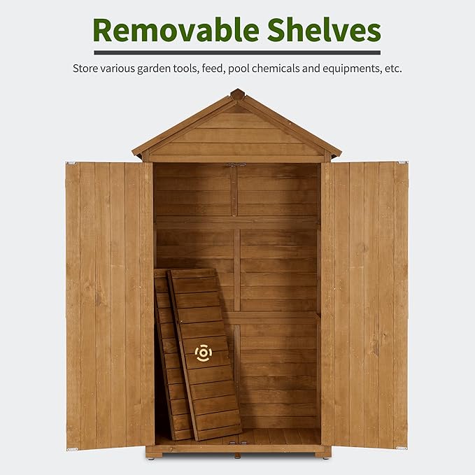 MCombo Outdoor Storage Cabinet with 2 Shelves, Outside Storage Shed with Floor, Wooden Garden Tool Shed with Latch for Yard Deck Lawn, 1000