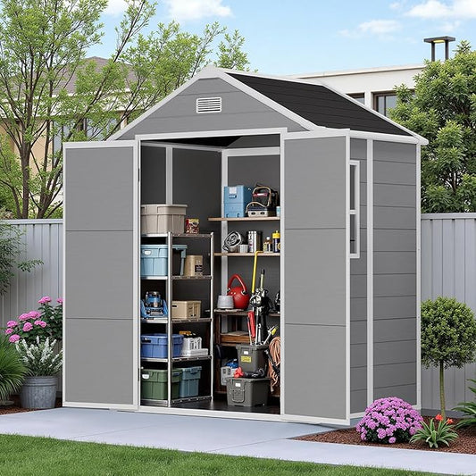 6×5 Light Grey Resin Outdoor Storage Shed with Floor Included & Window – All-Weather Lockable PP Plastic Garden Shed for Garden, Patio, Backyard | Stores Lawn Mowers, Bikes & Tools