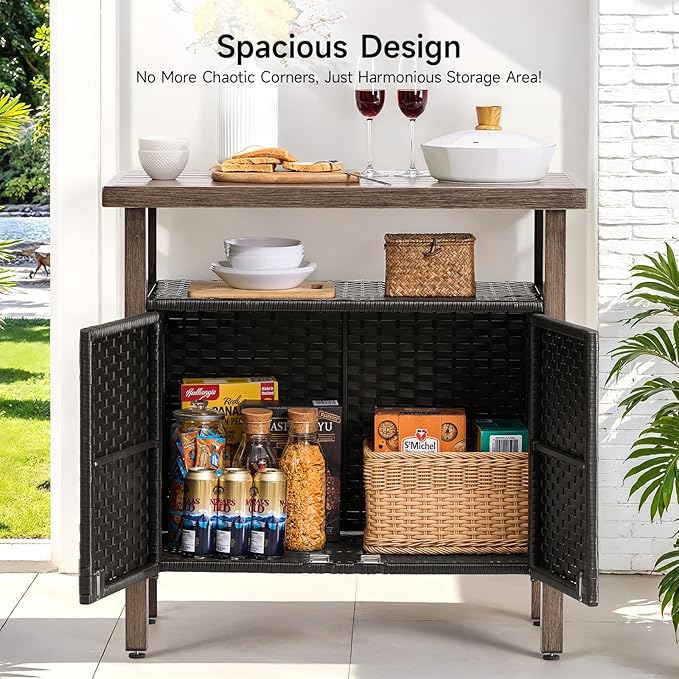 Outdoor Storage Cabinet, Woven Rattan Bar Table with 2 Doors, Slatted-Top, Wicker Console Table for Patio, Garden, Backyard, Kitchen - Black