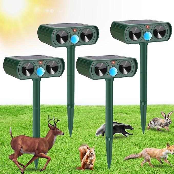 4 Pack Ultrasonic Animal Repellent Solar Deer Repellent Devices Cat Repellent Outdoor Animal Cat Deterrent to Repel Dog, Squirrel, Raccoons, and Rabbits Skunk Waterproof with Motion Sensor