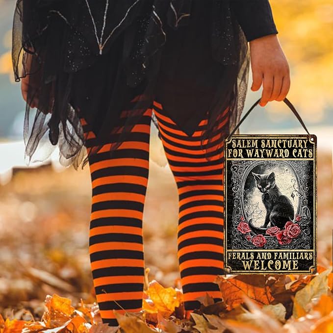 Halloween Black Cat Vintage Sign Salem Sanctuary For Wayward Cats Halloween Metal Sign for Home Bar Kitchen Hotel Dining Room Coffee 8x12inch