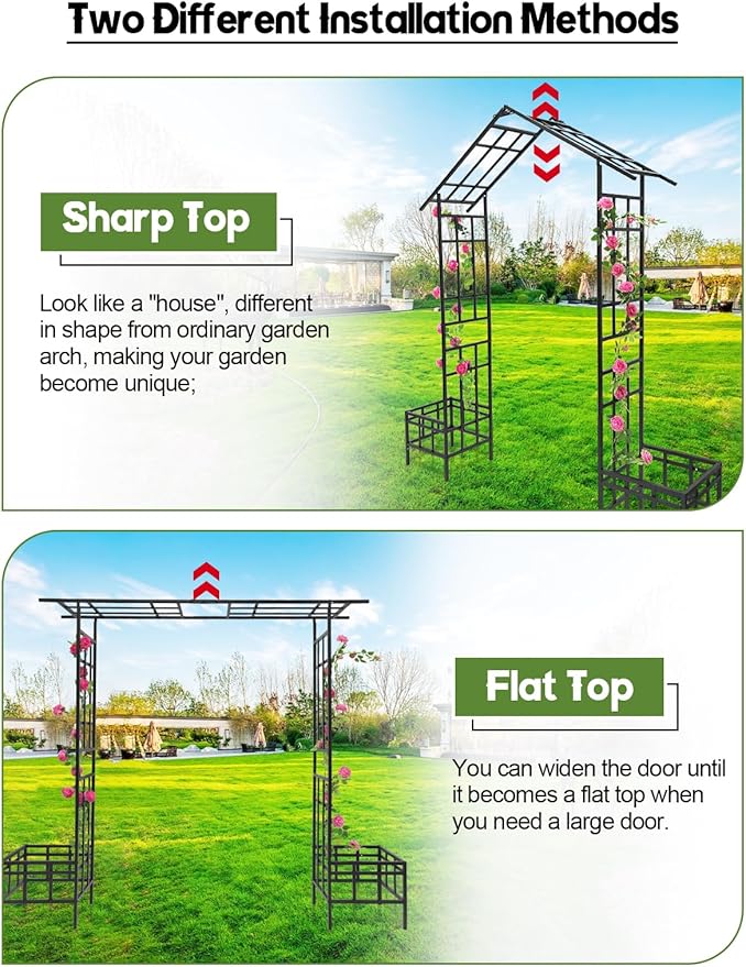 Kalolary 2 in 1 Metal Garden Arbor with Plant Box, 8FT House Shape Garden Arch Trellis for Climbing Plants Heavy Duty Steel Pergola Arch for Wedding Party Backyard Outdoor (Freely Adjustable Width)