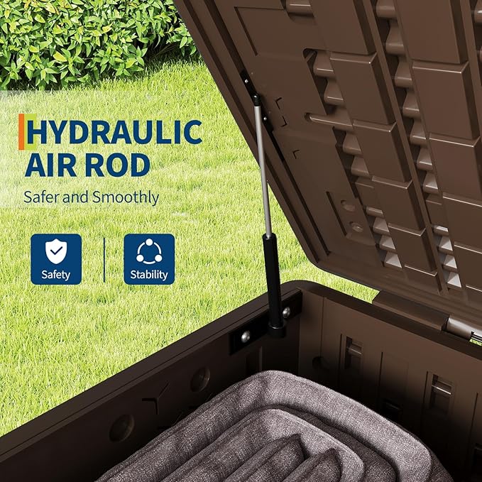 130 Gallon Outdoor Waterproof Storage Box Lockable Outdoor Storage Boxes Deck Storage Boxes for Package Delivery Deck Boxes for Patio Furniture, Garden, Tools - Faux Wood Grain Brown