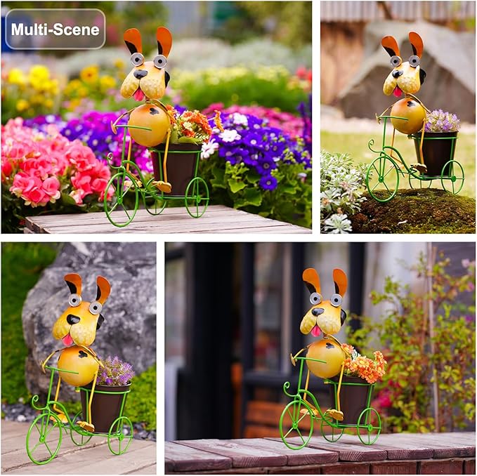 14”Solar Bike Dog Statue Lights Outdoor Metal Yard Art, Funny Bicycle Plant Stand for Garden Patio Decor Lawn Ornaments,Gift for Dog Lovers