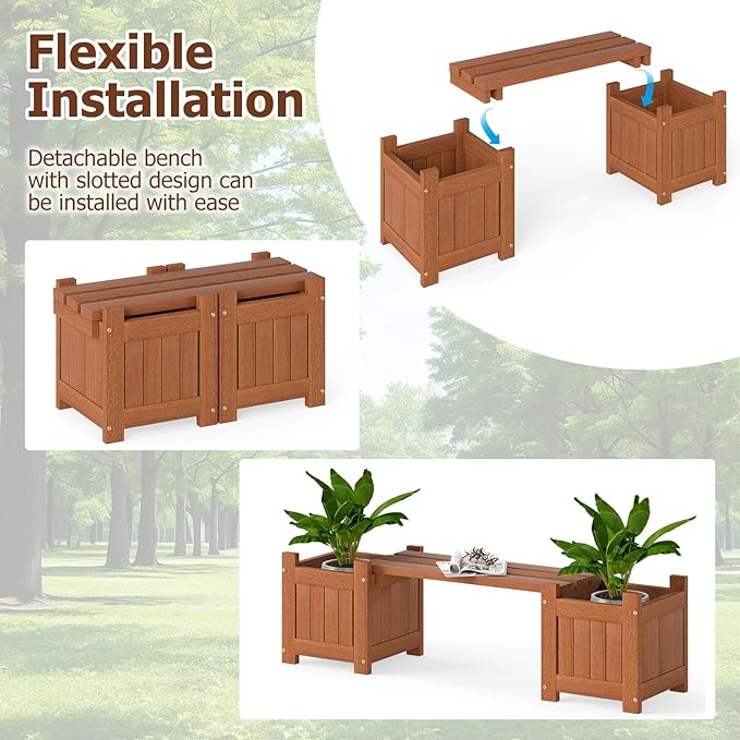 Giantex 2-in-1 Outdoor Bench with 4 Planter Boxes, Wood with Teak Oil Finish, Raised Garden Beds with Open-Ended Base, Garden Bench Seat for Porch Balcony Lawn Yard, DIY Assembly, 42"x11"x11.5"