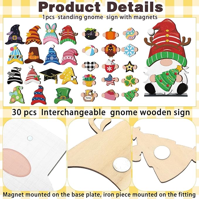 Blulu Interchangeable Wooden Gnome Decor DIY Holiday Seasonal Fall Gnomes Halloween Tiered Tray Decoration with Magnet Pieces Halloween Welcome Sign for Holiday Decorations(Cute)
