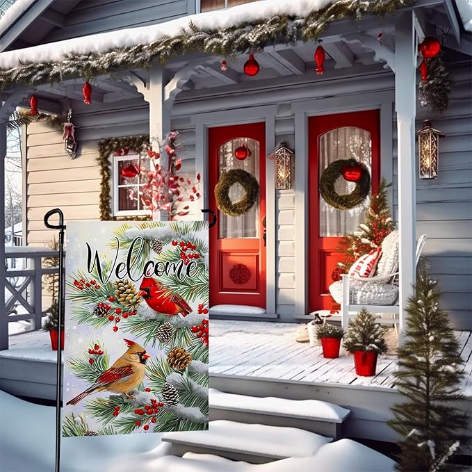 Welcome Winter Garden Flag Christma Cardinal Birds Yard Flag Red Bird Berry Trees Pine Snow Vertical House Banner Pinecone Garden Flags for Xmas Rustic Farmhouse 12x18 Inch